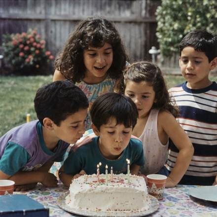 Children leaning in to blow out birthday candles in a back yard