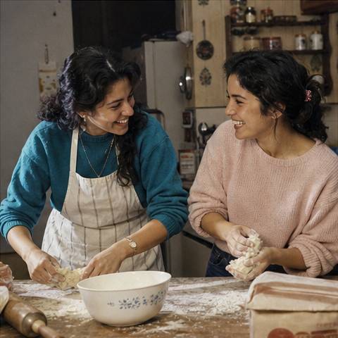 Two women laughing while rolling dough in a kitchen